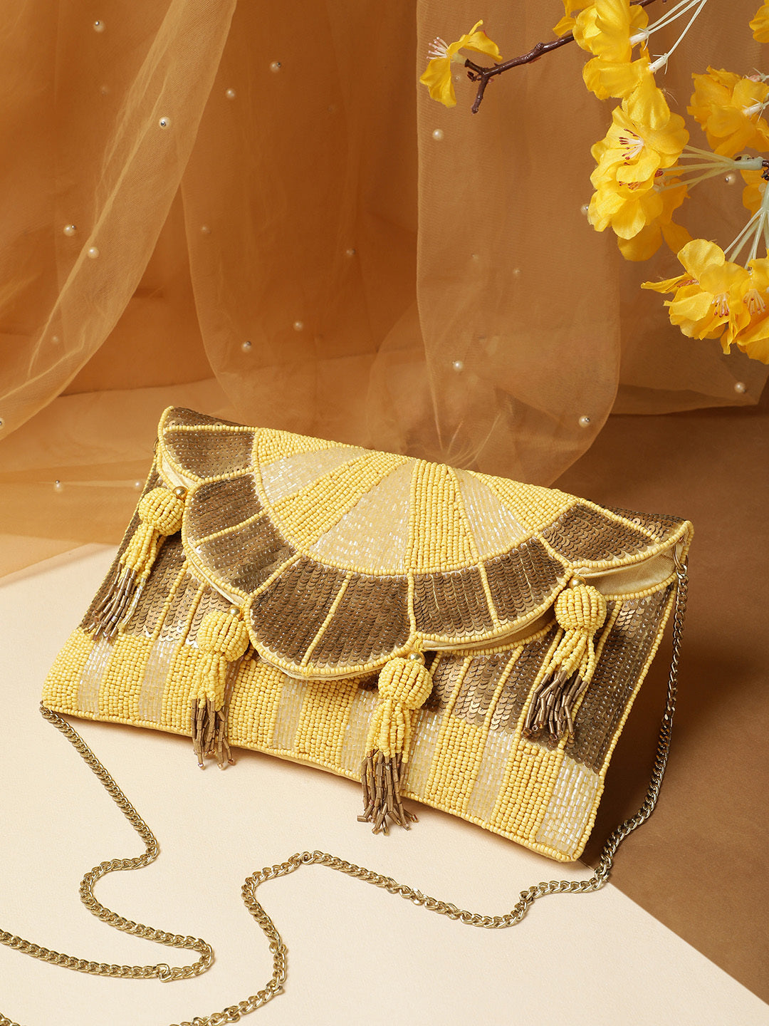 Tassel Tales Sunbrust Beaded Satin Sling Bag