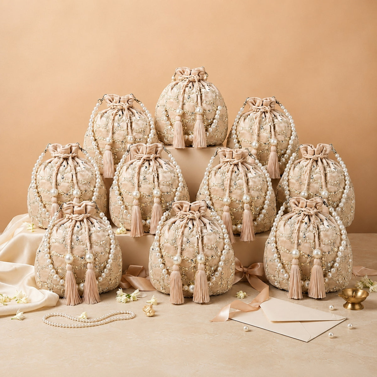 Dangle Embellished Wedding Favor Potli Set of 10 | Luxury Wedding Guest Gift Bags