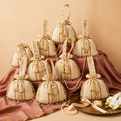 Dangle Mirror Work Embellished Wedding Favor Potli Set of 10 | Premium Engagement Gift Bags