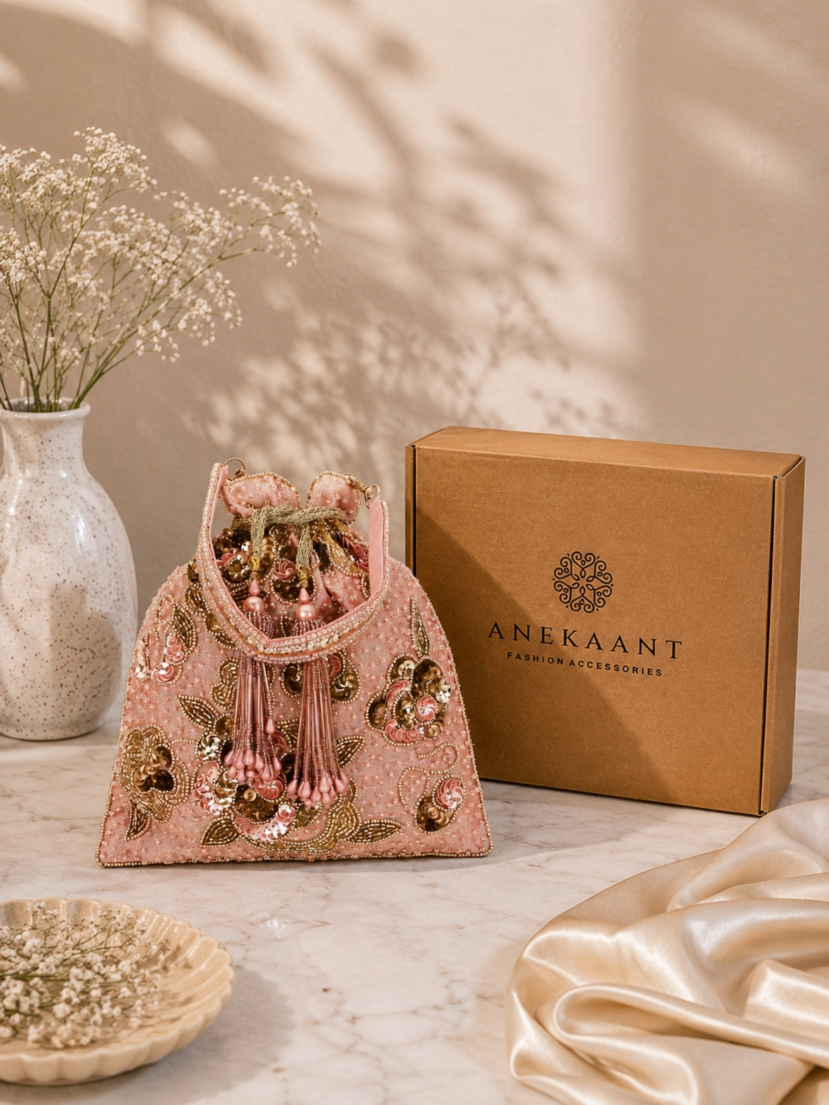 Dangle Floral Embellished Potli with signature gift box | Housewarming Gift for Women