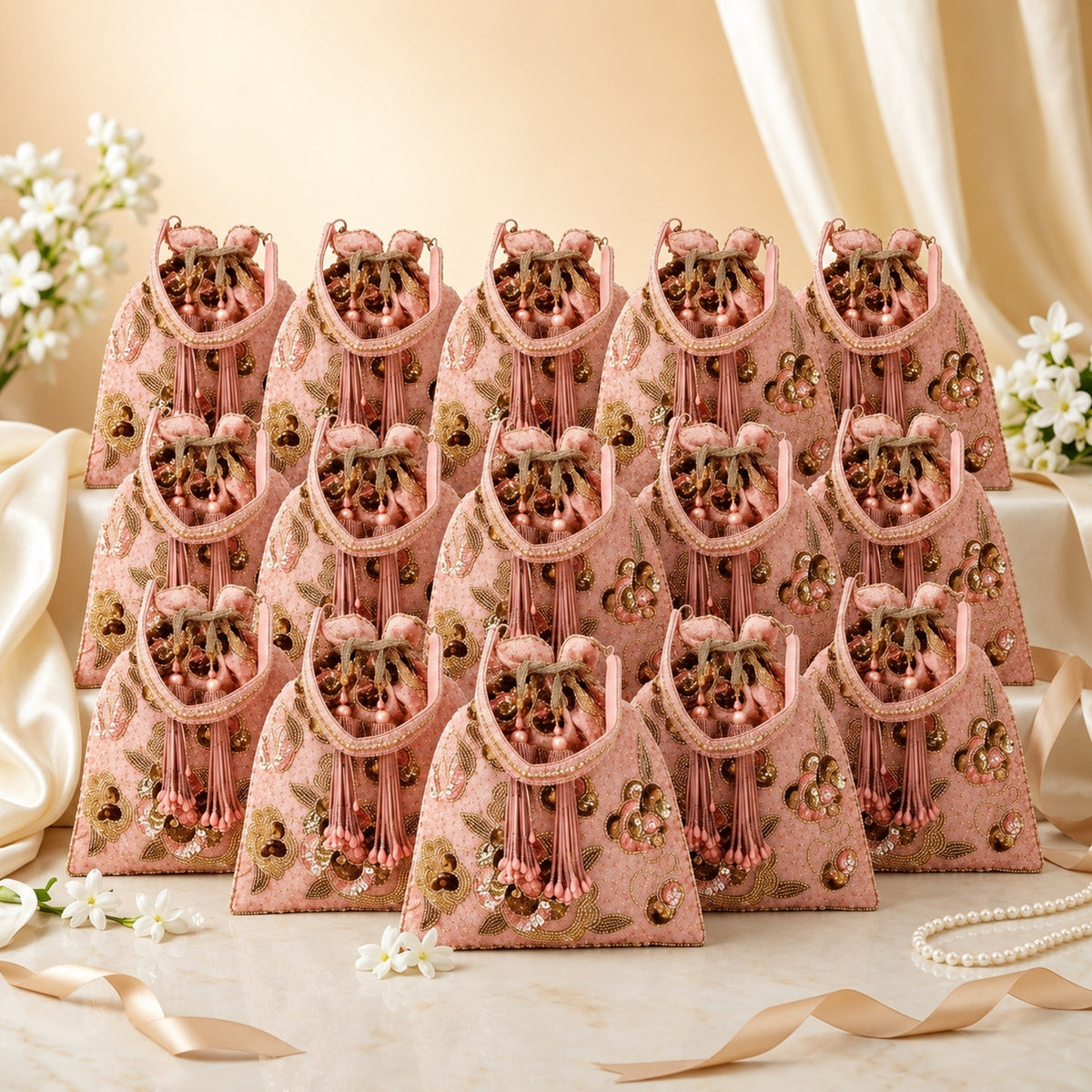 Dangle Floral Embellished Wedding Favor Potli Set of 10 | Designer Bridesmaid Gift Bags
