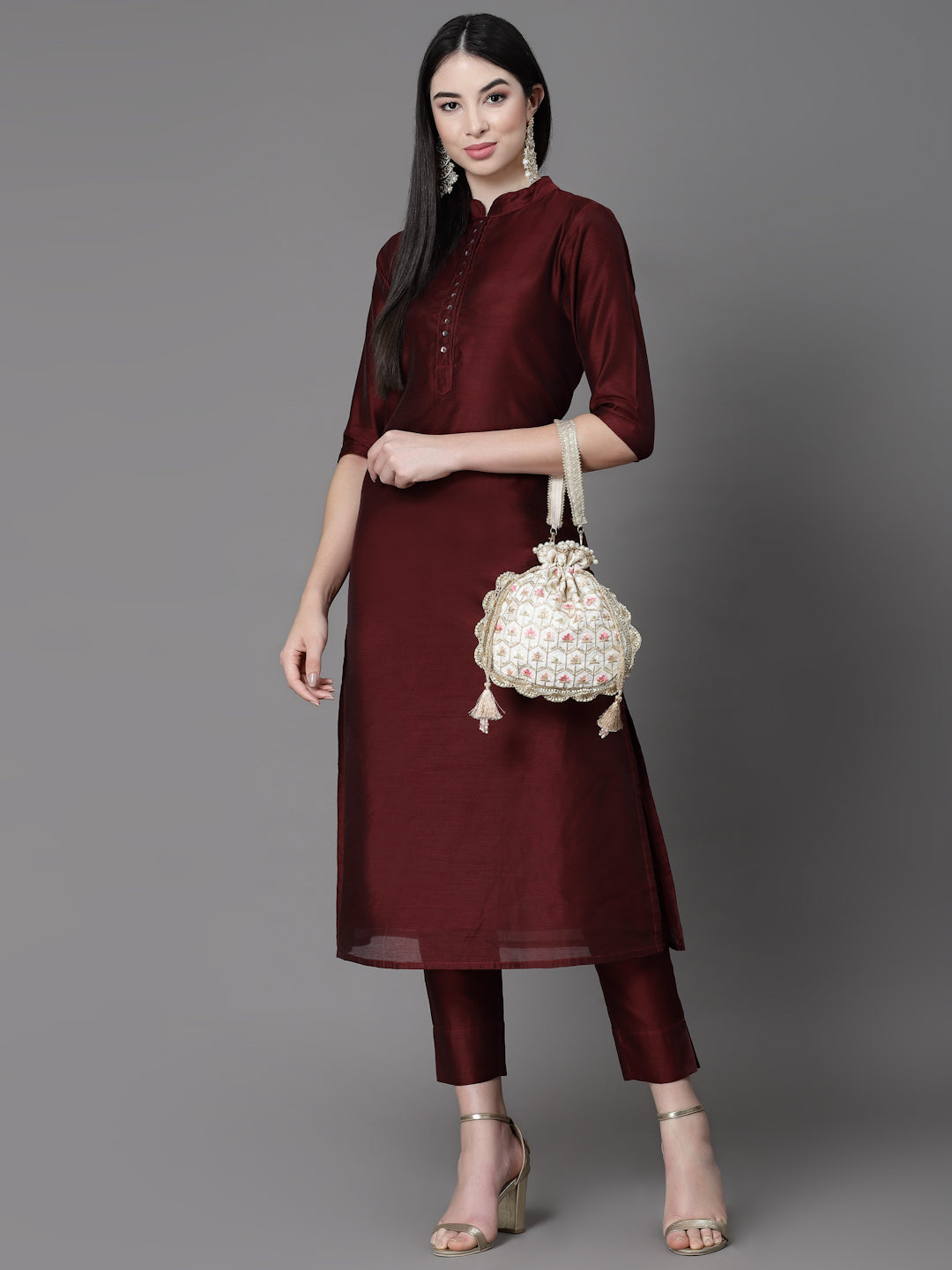 Dangle Honeycomb Embroidered Faux Silk Potli