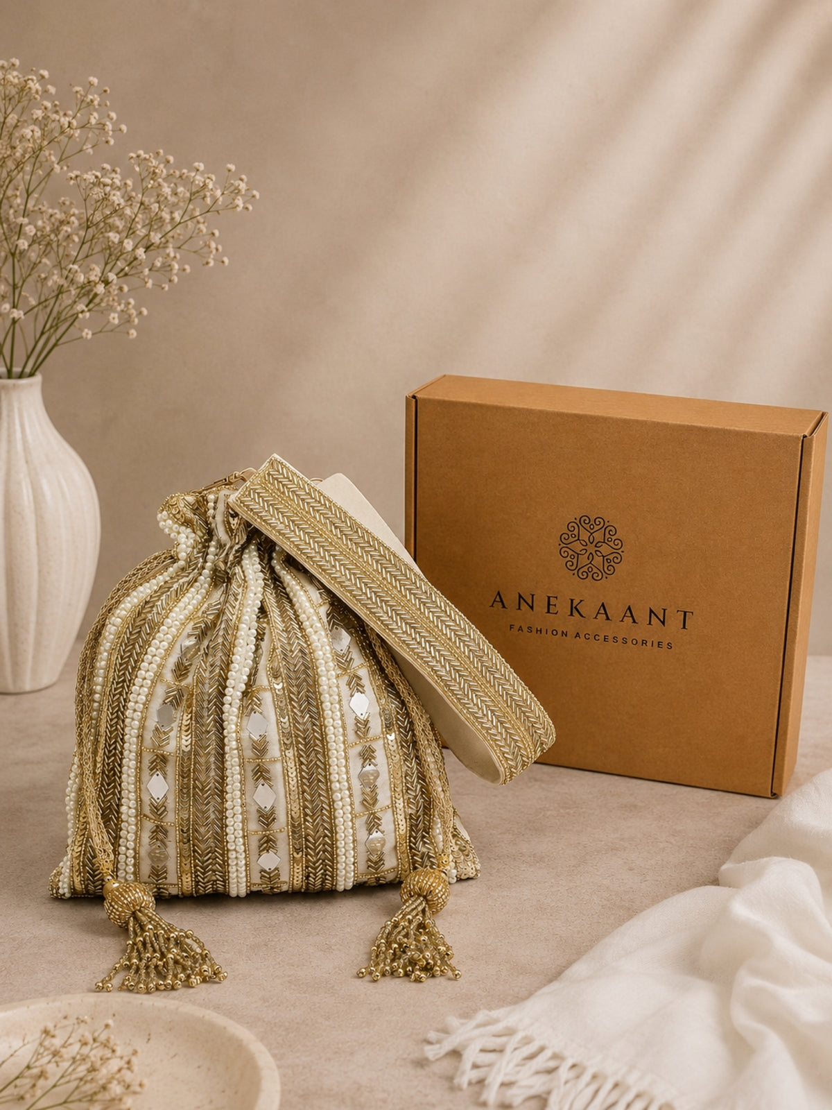 Dangle Striped Embellished Dangle  Potli with signature gift box | Designer Haldi Function Gift Bags