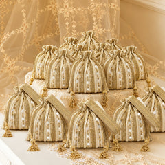 Dangle Striped Embellished Wedding Favor Potli Set of 10 | Designer Haldi Function Gift Bags