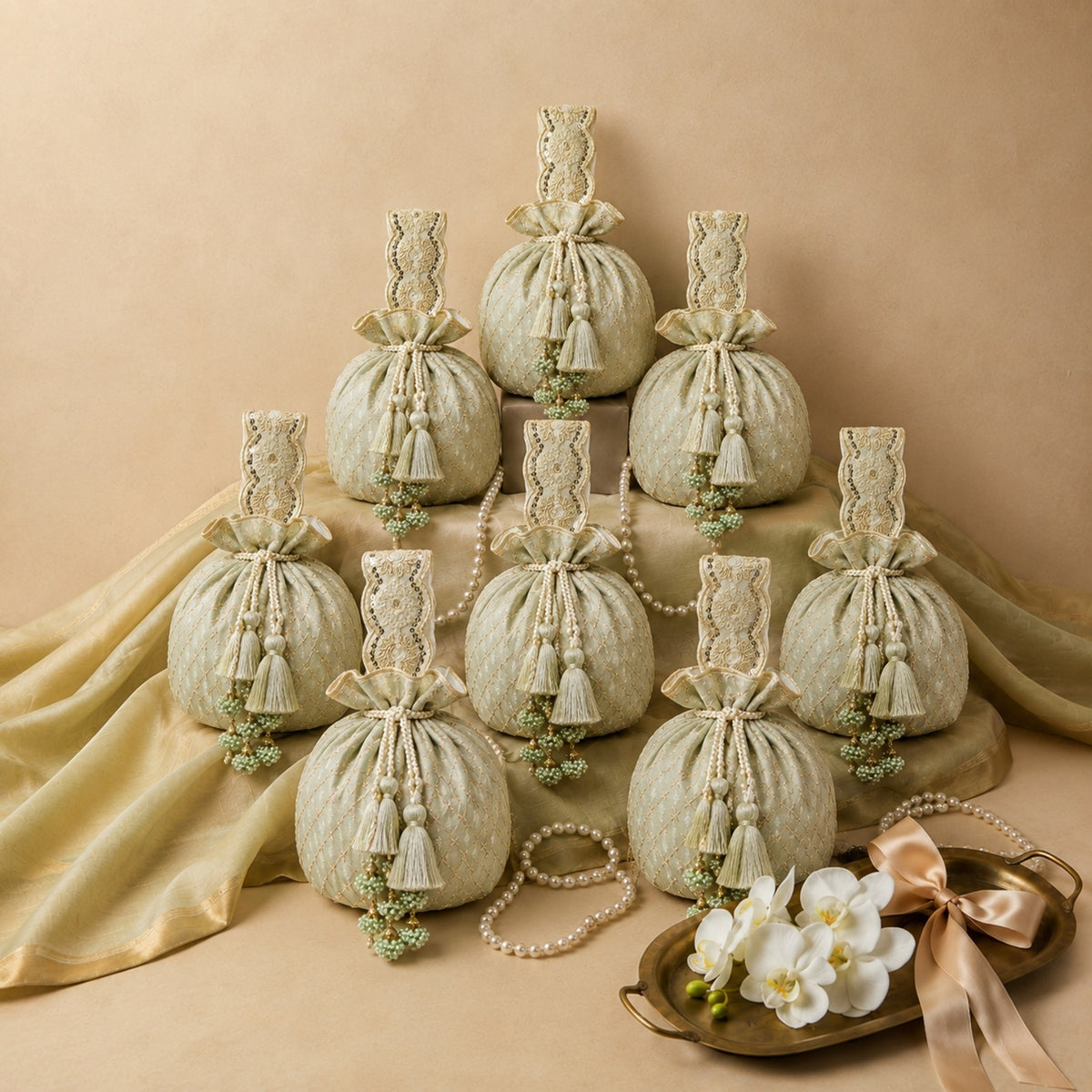 Droop Ditsy Embroidered Wedding Favor Potli Set of 10 | Designer Shagun Gift Potli Bags