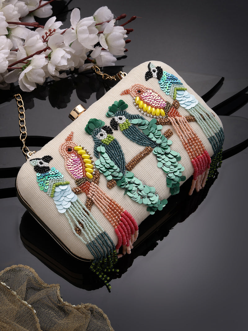 Adorn Quirky Embellished Corduroy Clutch
 - Off White & Multi