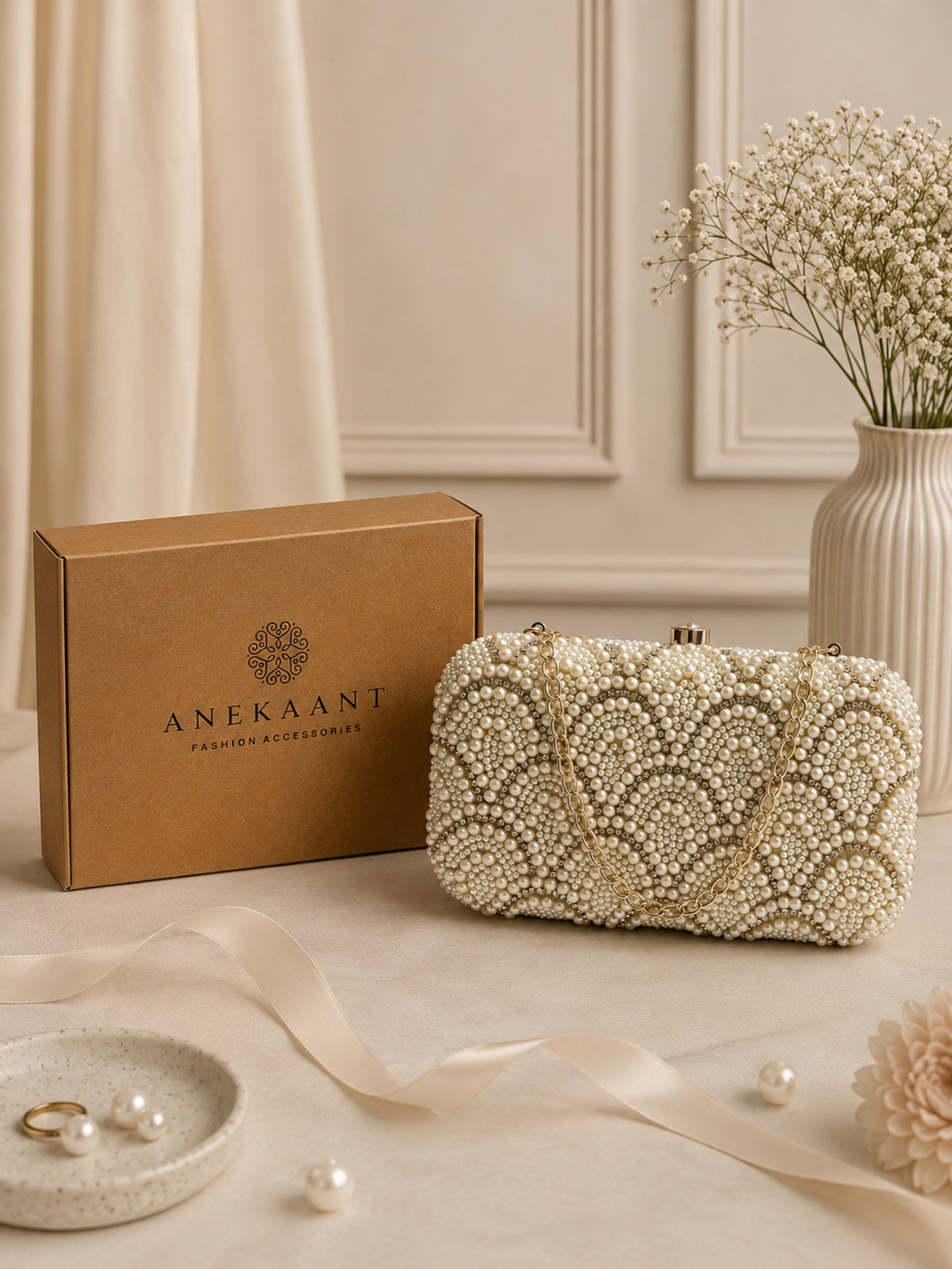 Adorn Pearl Embellished Clutch with signature gift box | Birthday Gift for Women