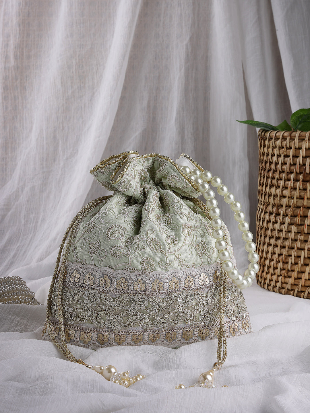 Anekaant Dangle Mint Green Faux Silk Floral Embroidered Potli