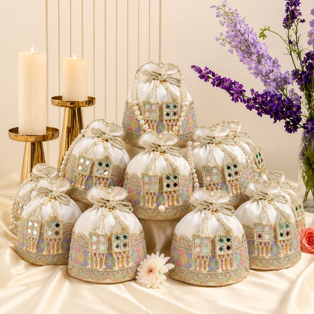 Dangle Lace Embellished Wedding Favor Potli Set of 10 | Memorable Wedding Keepsake Gifts