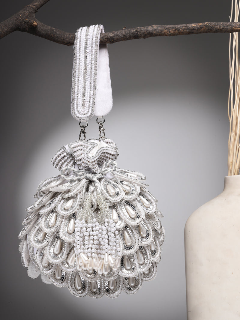 Droop Cut Work Embellished Velvet Potli
 - White & Silver