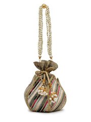 Lotus Striped Embellished Faux Silk Potli