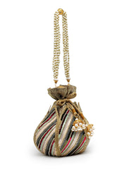 Lotus Striped Embellished Faux Silk Potli