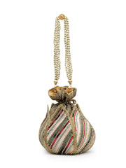 Lotus Striped Embellished Faux Silk Potli