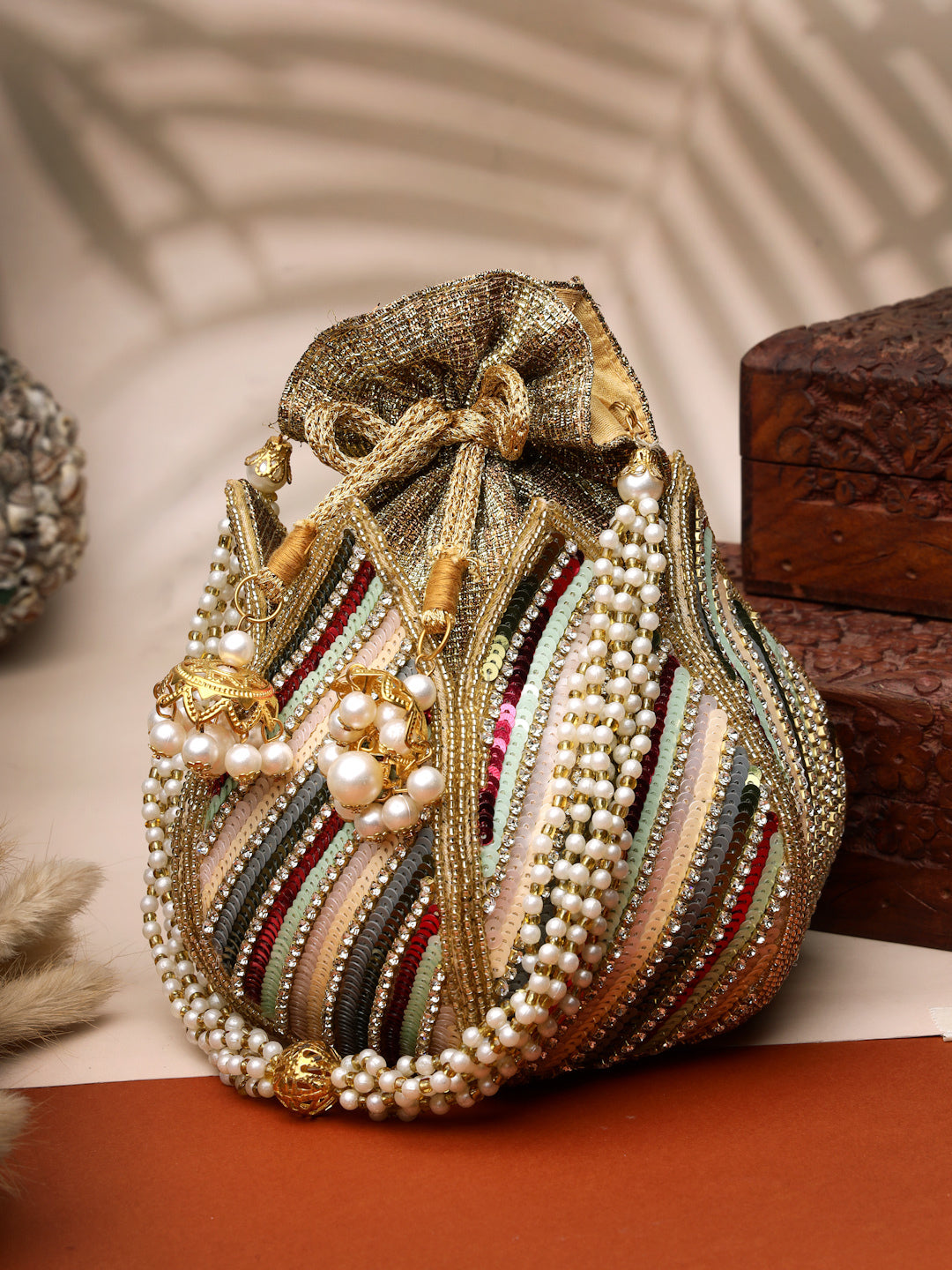 Lotus Striped Embellished Faux Silk Potli