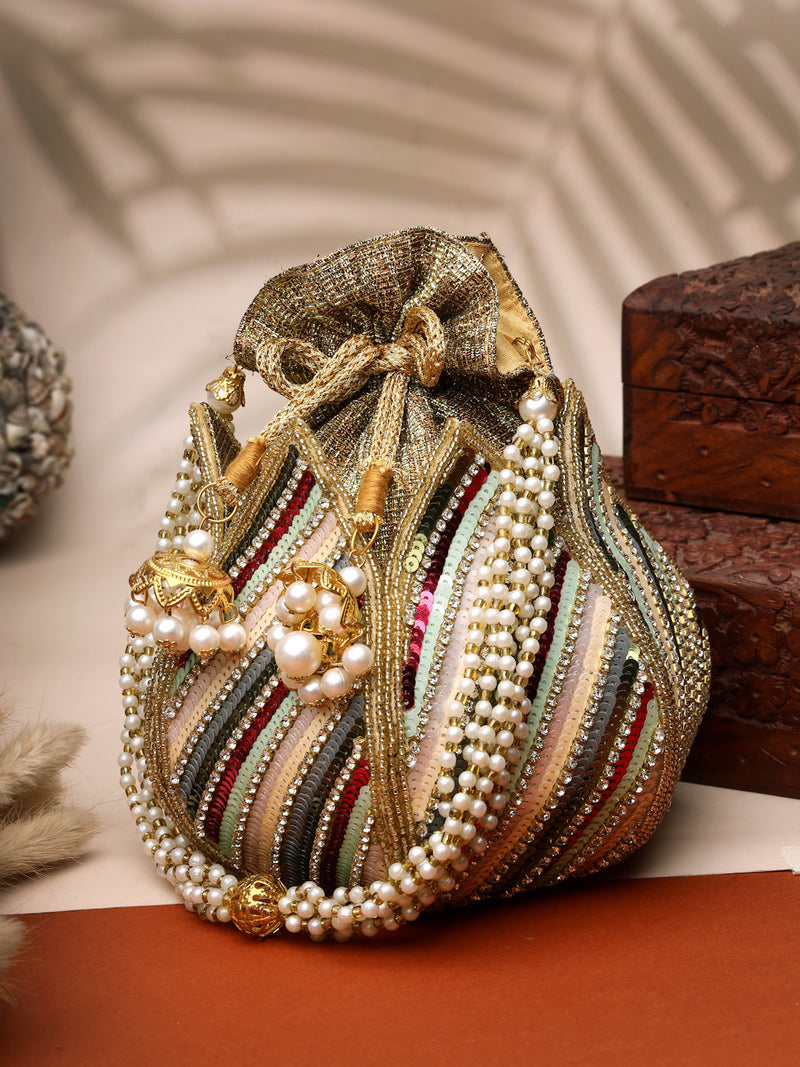 Lotus Striped Embellished Faux Silk Potli
 - Golden & Multi