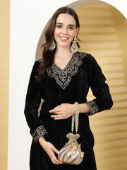 Lotus Striped Embellished Faux Silk Potli
