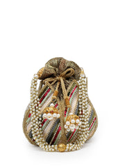 Lotus Striped Embellished Faux Silk Potli