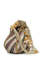 Lotus Striped Embellished Faux Silk Potli