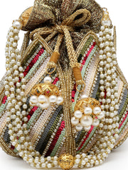 Lotus Striped Embellished Faux Silk Potli