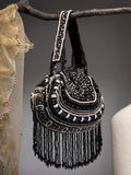 Anekaant Droop Black & Pastel Multi Bead Work Embellished Faux Silk Clutch