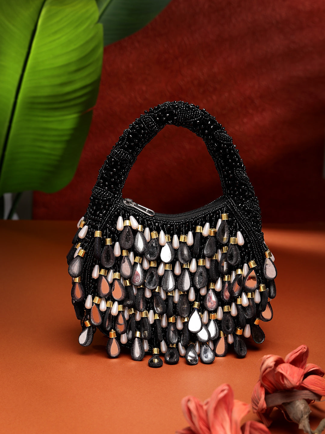 Tipify Mirror Work Embellished Velvet Purse
