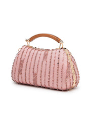 Anekaant Glided Gleam Dusty Pink Net Striped Embellished Clutch