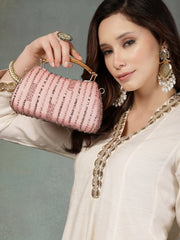 Anekaant Glided Gleam Dusty Pink Net Striped Embellished Clutch