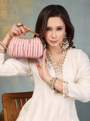 Anekaant Glided Gleam Dusty Pink Net Striped Embellished Clutch