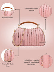 Anekaant Glided Gleam Dusty Pink Net Striped Embellished Clutch
