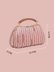 Anekaant Glided Gleam Dusty Pink Net Striped Embellished Clutch