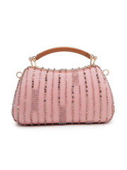 Anekaant Glided Gleam Dusty Pink Net Striped Embellished Clutch