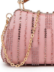 Anekaant Glided Gleam Dusty Pink Net Striped Embellished Clutch