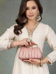 Anekaant Glided Gleam Dusty Pink Net Striped Embellished Clutch