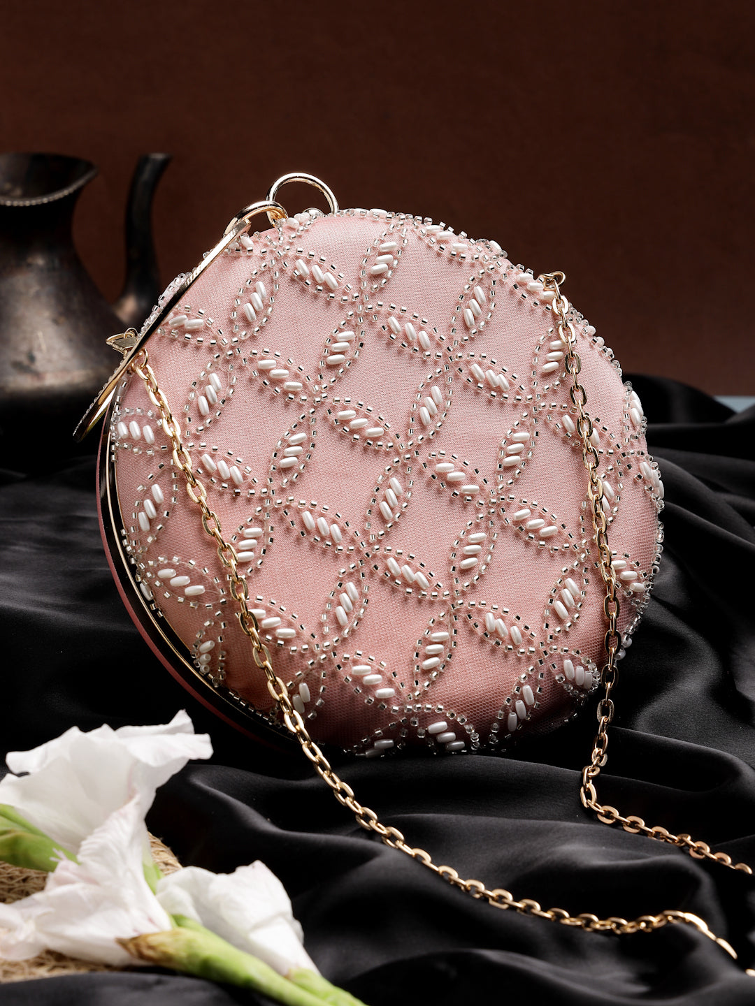 Anekaant Glided Gleam Pink Net Diamond Embellished Clutch