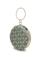 Anekaant Glided Gleam Sage Green Net Diamond Embellished Clutch