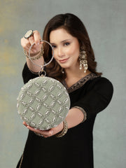 Anekaant Glided Gleam Sage Green Net Diamond Embellished Clutch