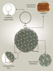 Anekaant Glided Gleam Sage Green Net Diamond Embellished Clutch