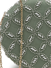 Anekaant Glided Gleam Sage Green Net Diamond Embellished Clutch