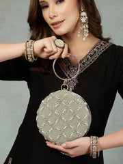 Anekaant Glided Gleam Sage Green Net Diamond Embellished Clutch