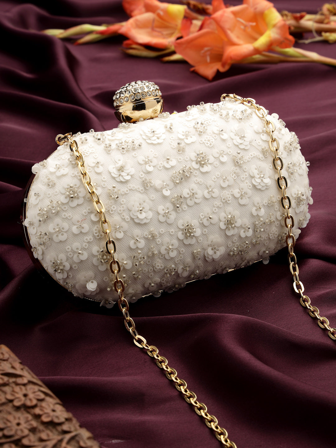 Anekaant Glided Gleam Ivory Net Floral Embellished Clutch