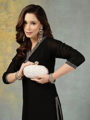 Anekaant Woven Reverie Off White Faux Silk Geometric Embellished Clutch