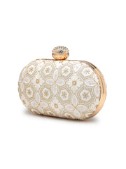 Anekaant Woven Reverie Off White Faux Silk Geometric Embellished Clutch