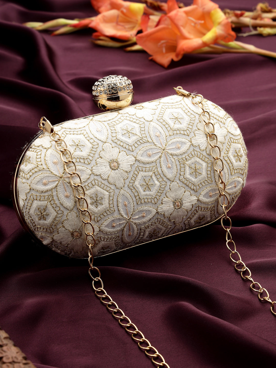 Anekaant Woven Reverie Off White Faux Silk Geometric Embellished Clutch