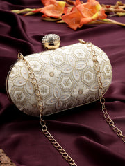 Anekaant Woven Reverie Off White Faux Silk Geometric Embellished Clutch