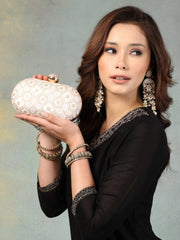 Anekaant Woven Reverie Off White Faux Silk Geometric Embellished Clutch