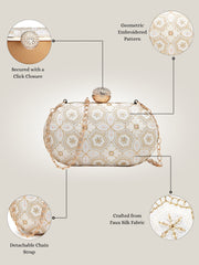Anekaant Woven Reverie Off White Faux Silk Geometric Embellished Clutch
