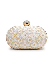 Anekaant Woven Reverie Off White Faux Silk Geometric Embellished Clutch