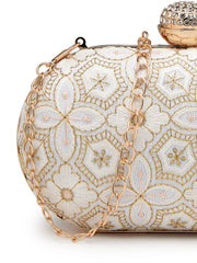 Anekaant Woven Reverie Off White Faux Silk Geometric Embellished Clutch