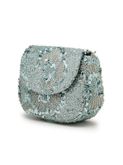 Anekaant Petal Posh Steel Blue Faux Silk Floral Embellished Clutch