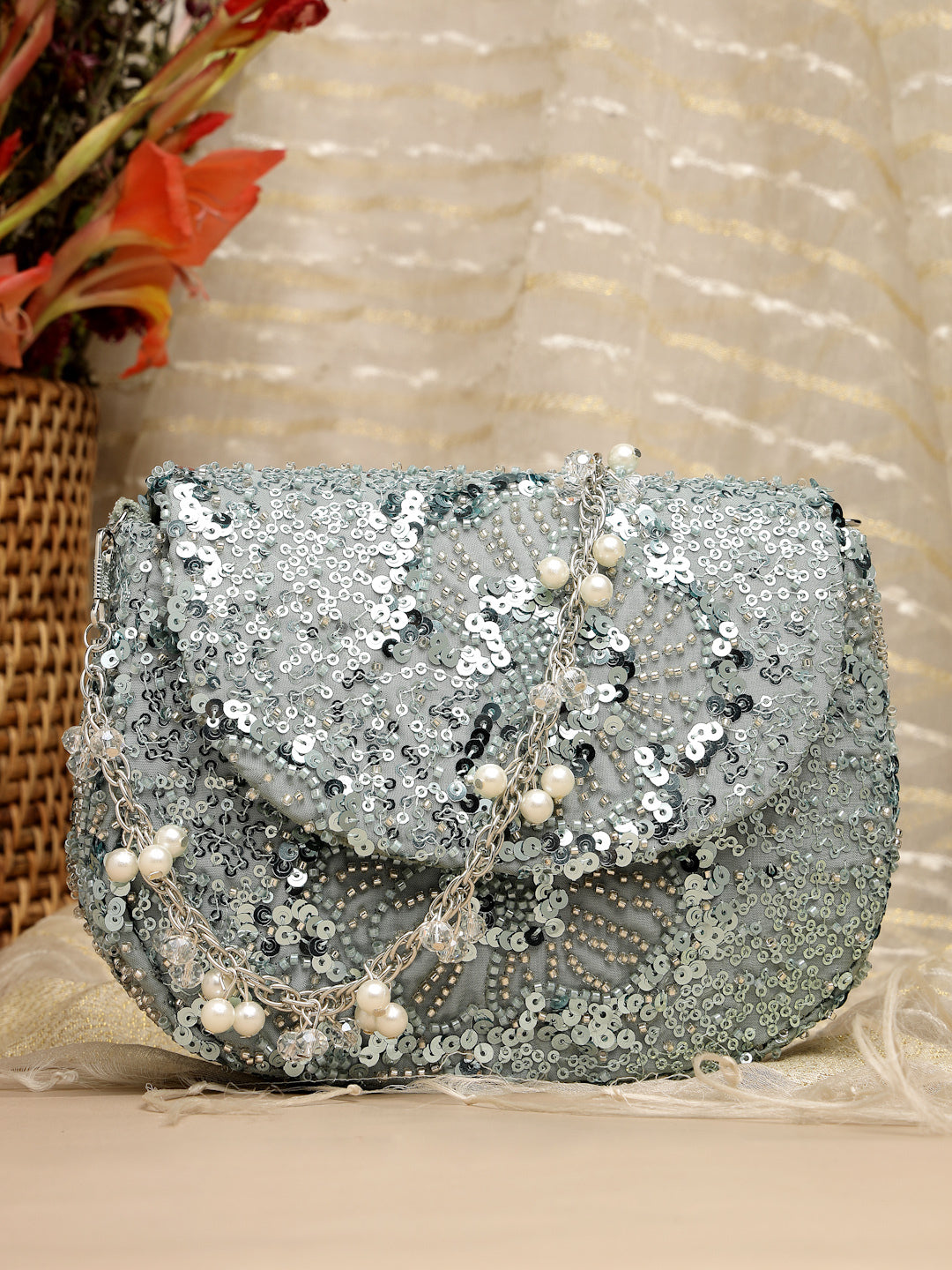 Anekaant Petal Posh Steel Blue Faux Silk Floral Embellished Clutch